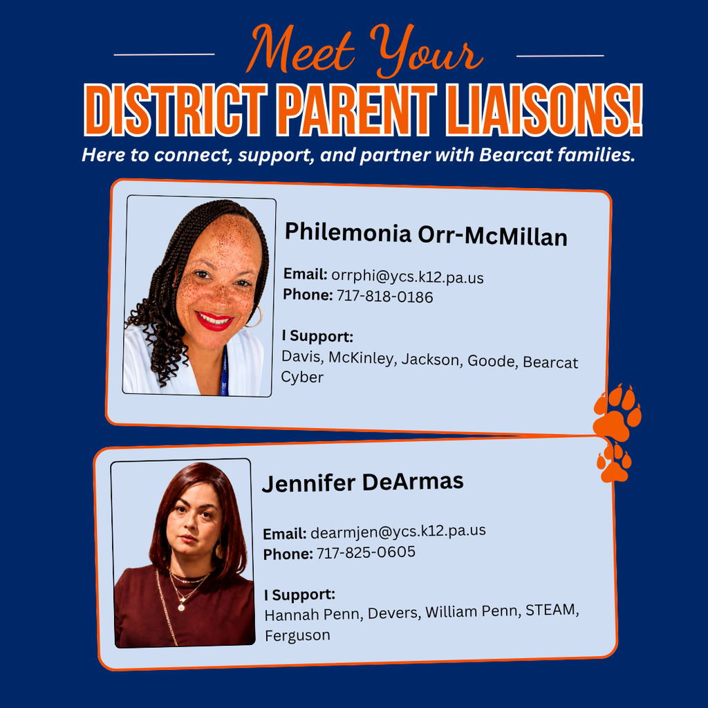 Graphic introducing district parent liaisons, featuring photos and contact information for Philemonia Orr-McMillan and Jennifer DeArmas.