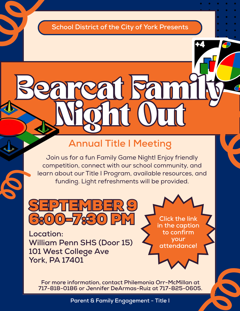 Flyer promoting the Bearcat Family Night Out and Annual Title I Meeting on September 9 at William Penn SHS.