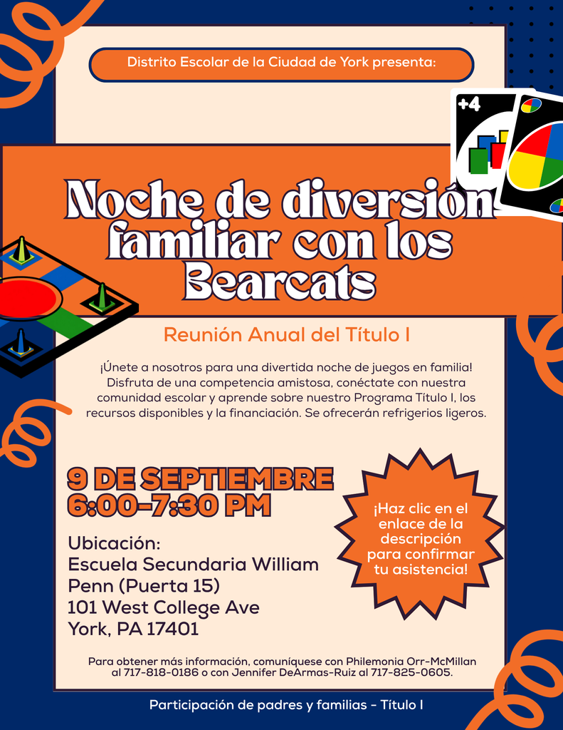 Flyer promoting the Bearcat Family Night Out and Annual Title I Meeting on September 9 at William Penn SHS.