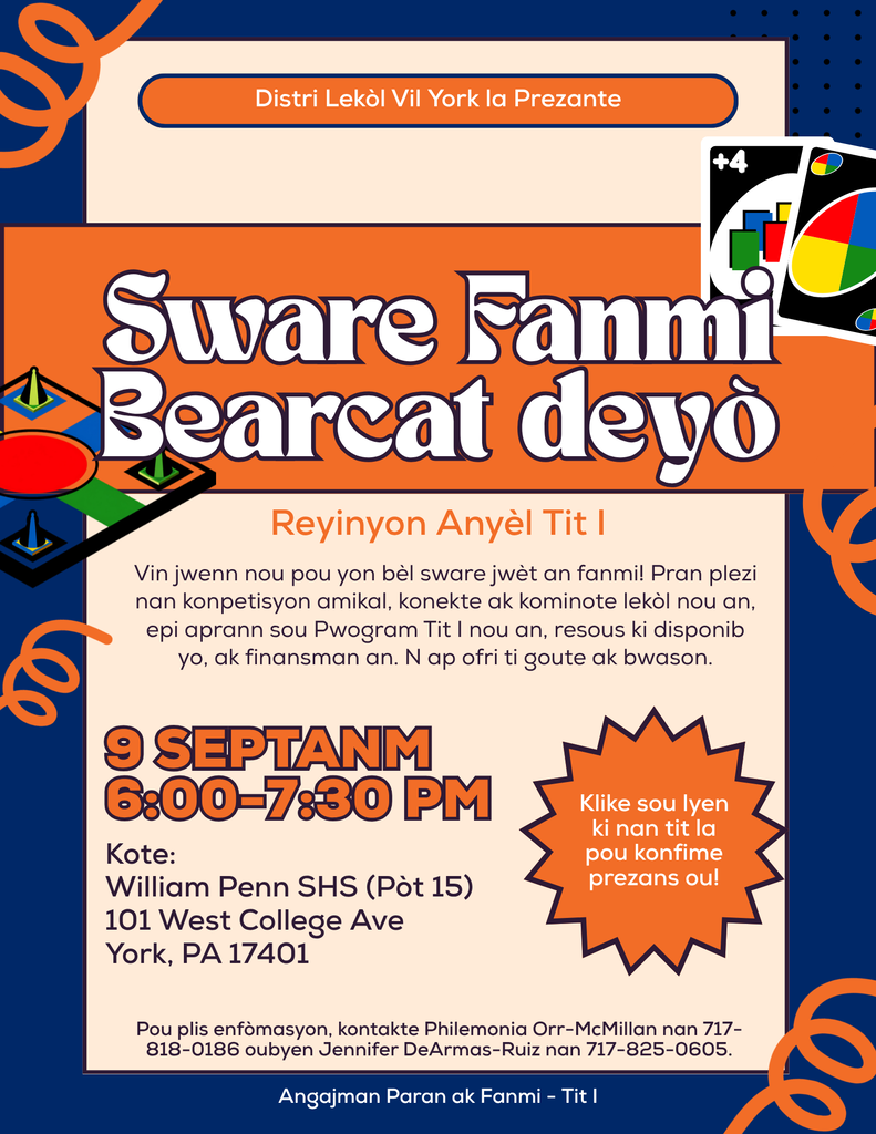Flyer promoting the Bearcat Family Night Out and Annual Title I Meeting on September 9 at William Penn SHS.