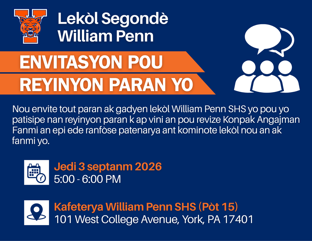 William Penn Senior High School parent meeting invitation for September 3, 2026, from 5–6 PM in the William Penn Senior High School cafeteria.