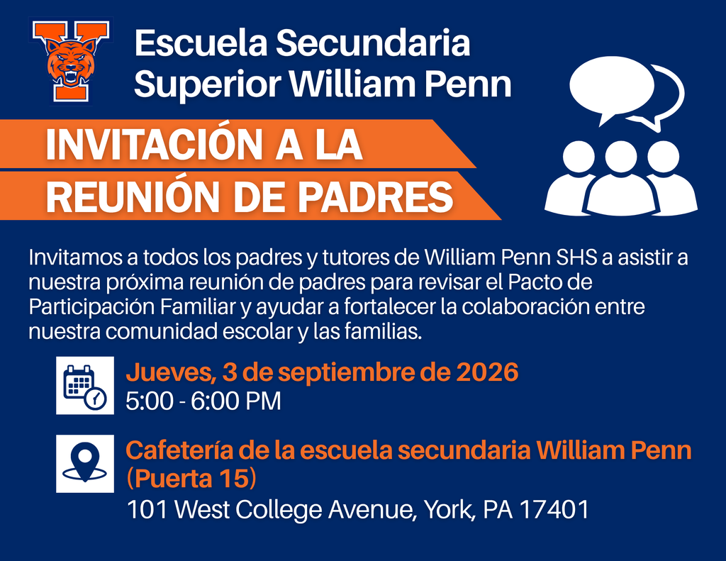 William Penn Senior High School parent meeting invitation for September 3, 2026, from 5–6 PM in the William Penn Senior High School cafeteria.