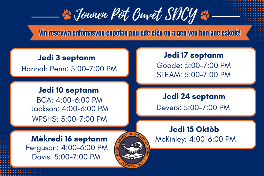 SDCY Open Houses graphic listing each school's open house dates and times beginning on September 3 and ending on October 15.