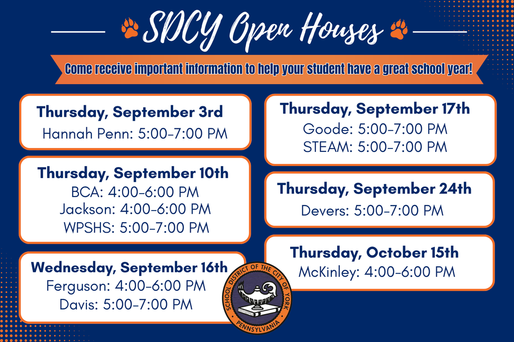 SDCY Open Houses graphic listing each school's open house dates and times beginning on September 3 and ending on October 15.