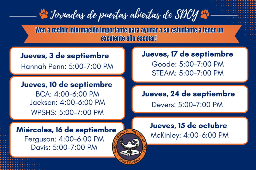 SDCY Open Houses graphic listing each school's open house dates and times beginning on September 3 and ending on October 15.