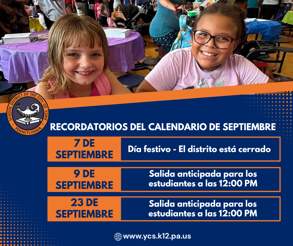 September calendar reminders graphic featuring two students and district reminders for the September 7 holiday and September 9 and 23 early dismissals at 12:00 PM.