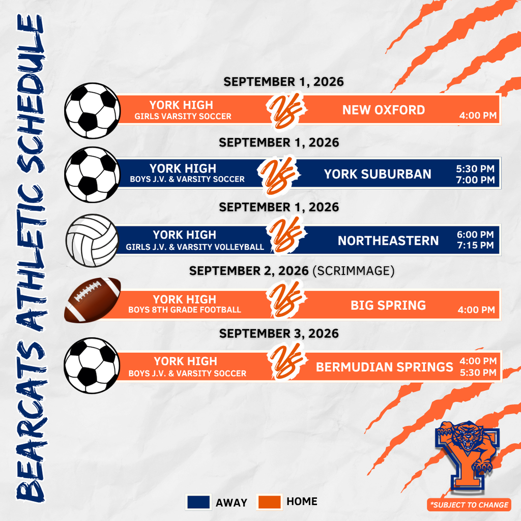 York High athletics schedule for September 1–3, 2026, featuring soccer, volleyball, and football games.