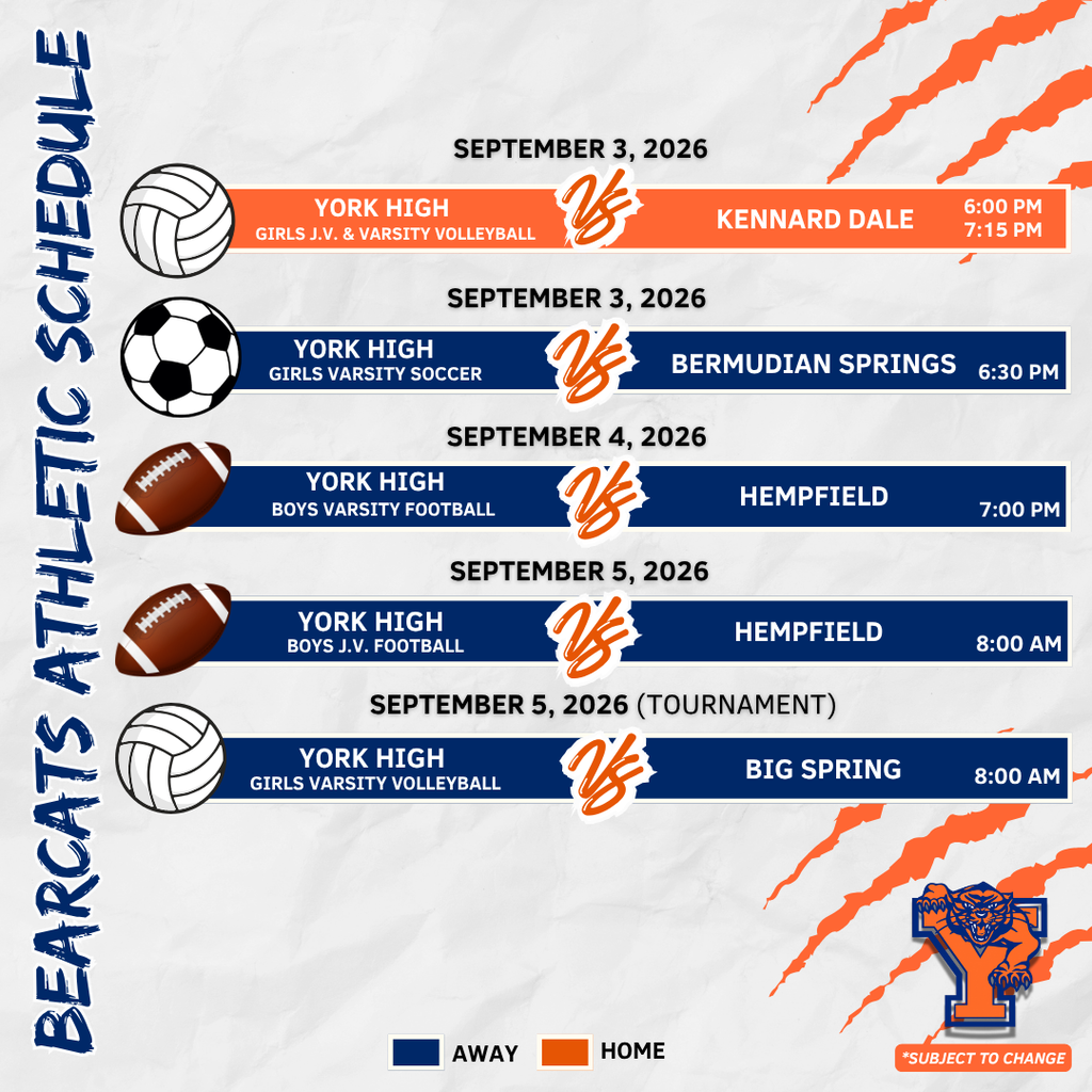 York High athletics schedule for September 3–5, 2026, featuring volleyball, soccer, and football games.