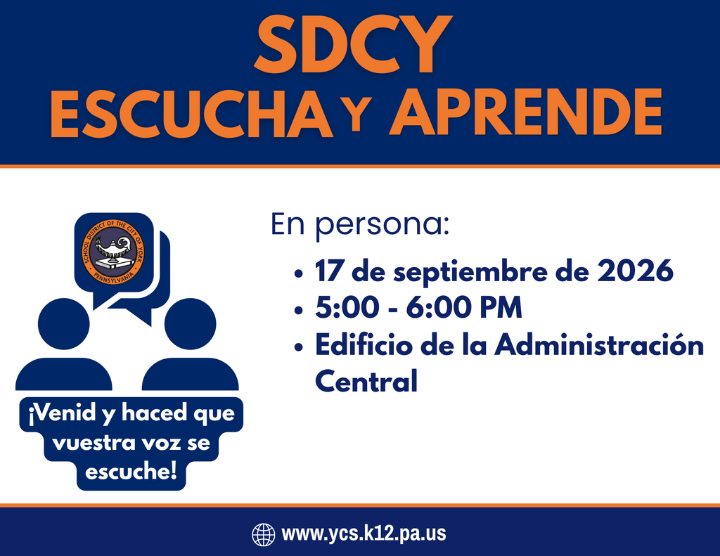 SDCY Listen and Learn meeting flyer with details for September 17, 2026, from 5–6 PM at the Central Administration Building.