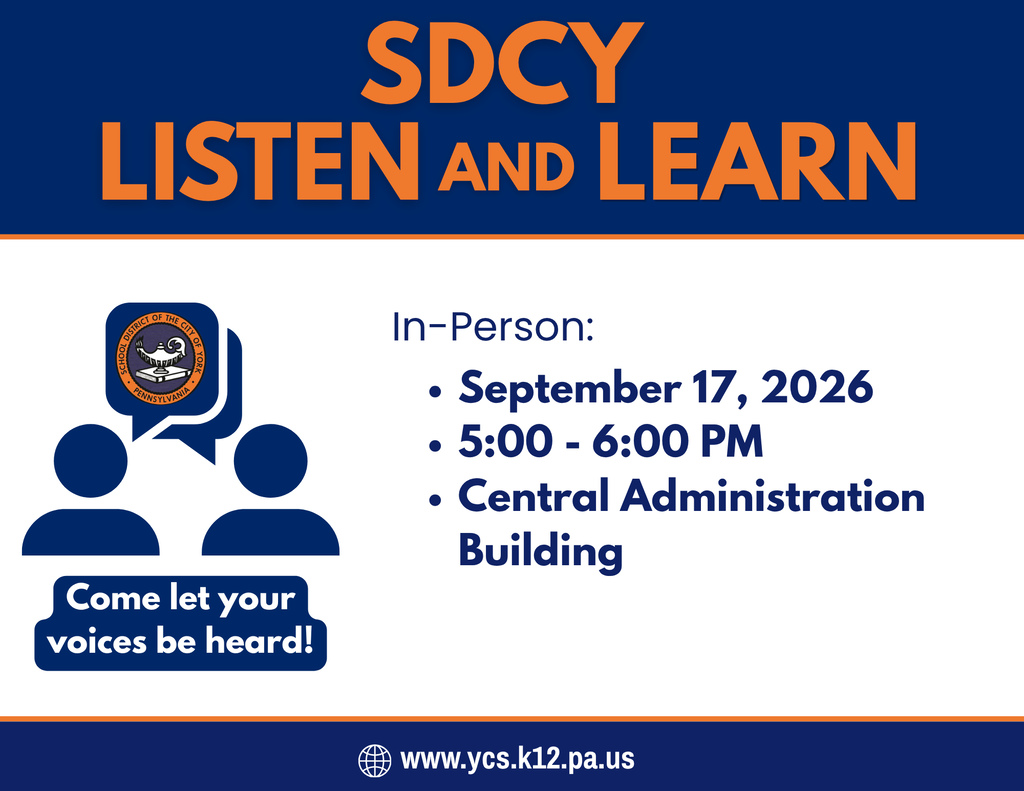 SDCY Listen and Learn meeting flyer with details for September 17, 2026, from 5–6 PM at the Central Administration Building.
