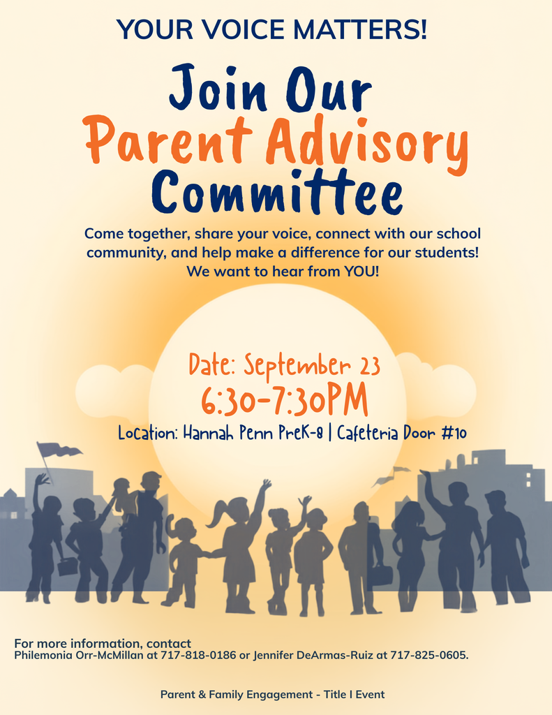 Parent Advisory Committee meeting flyer with September 23 date, 6:30–7:30 p.m. at Hannah Penn PreK-8.