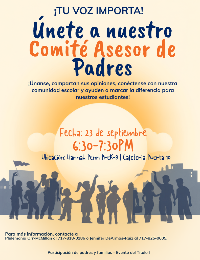 Parent Advisory Committee meeting flyer with September 23 date, 6:30–7:30 p.m. at Hannah Penn PreK-8.