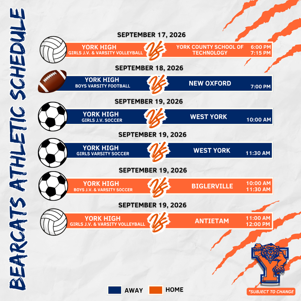 York High athletics schedule for September 14–19, 2026, featuring soccer, volleyball, and football games.