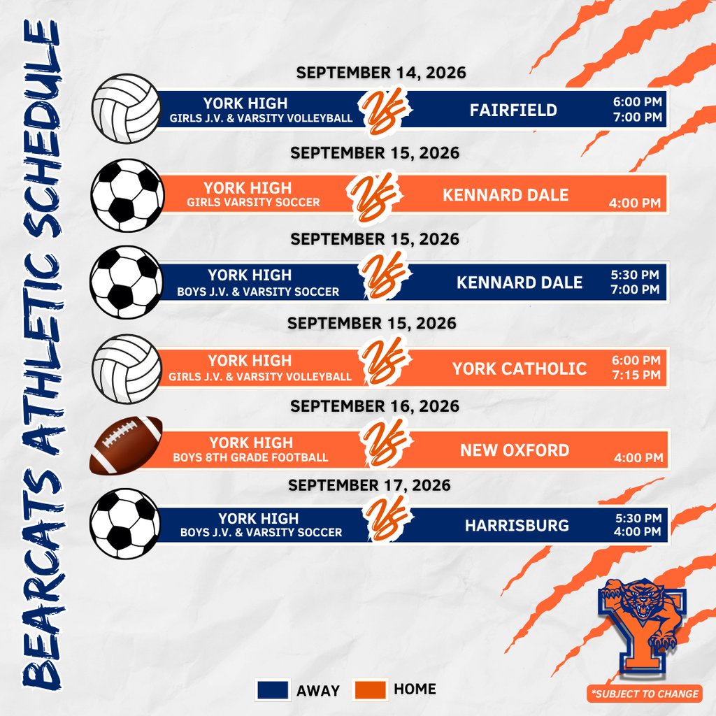 York High athletics schedule for September 14–19, 2026, featuring soccer, volleyball, and football games.