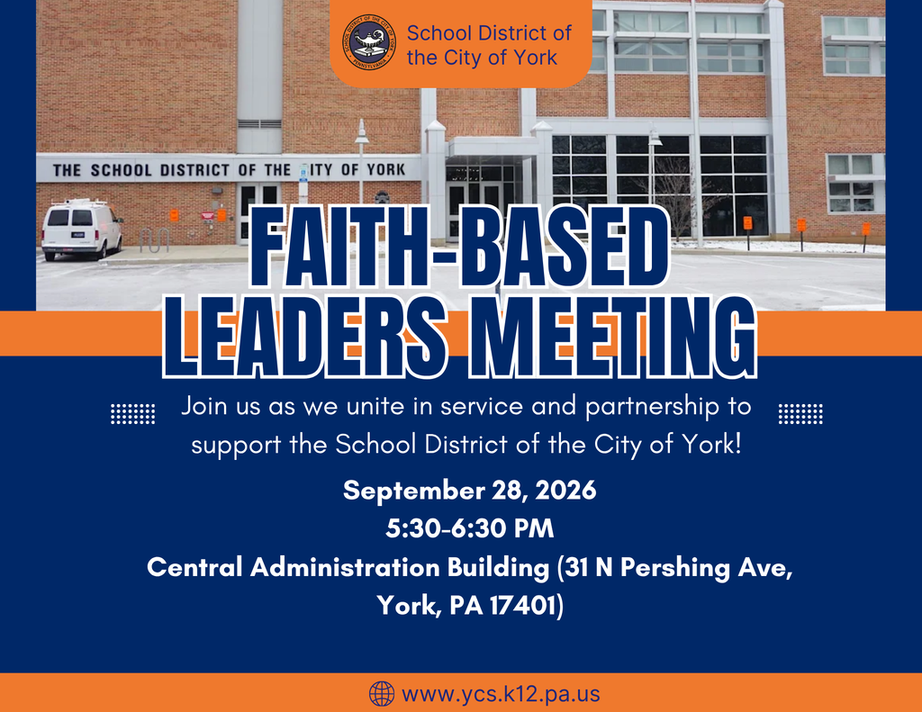 Faith-Based Leaders Meeting flyer for September 28, 2026, at the School District of the City of York Central Administration Building.