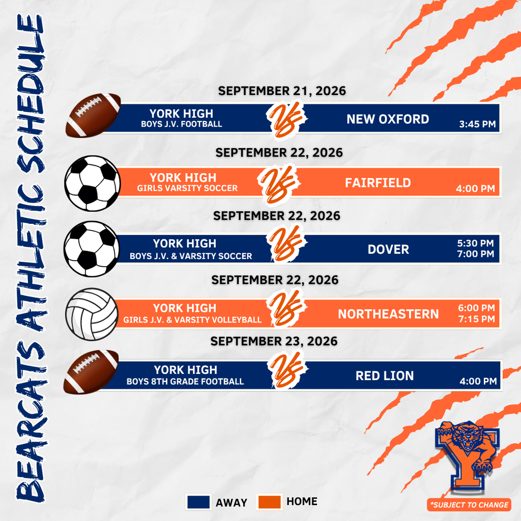 York High athletics schedule for September 21–26, 2026, featuring soccer, volleyball, and football games.
