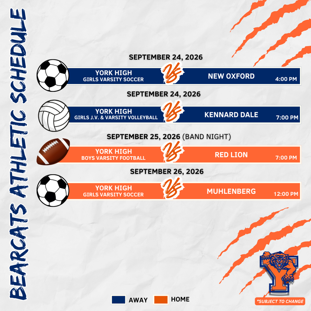 York High athletics schedule for September 21–26, 2026, featuring soccer, volleyball, and football games.