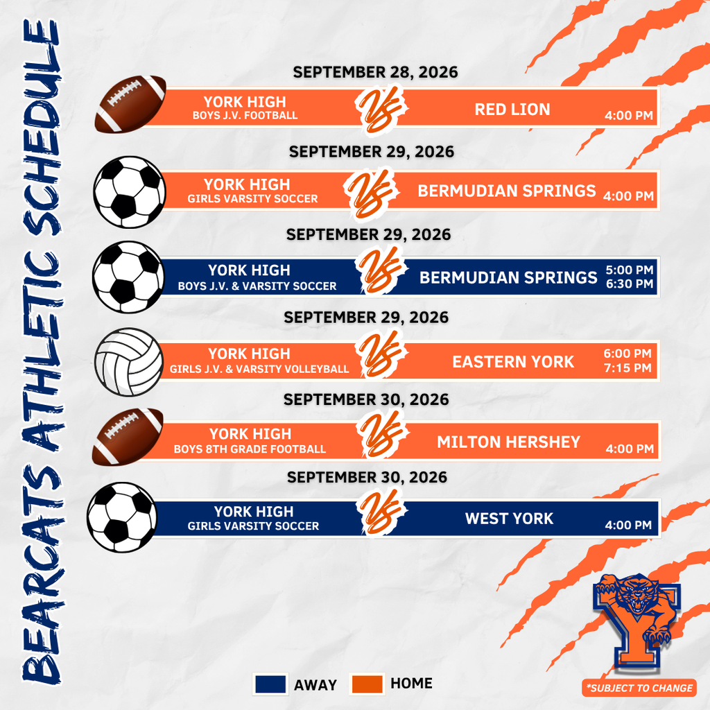 York High athletics schedule for September 28–October 3, 2026, featuring soccer, volleyball, and football games.