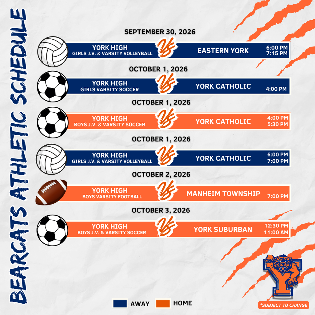 York High athletics schedule for September 28–October 3, 2026, featuring soccer, volleyball, and football games.