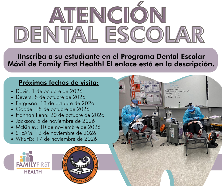 School-based dental care flyer promoting Family First Health’s mobile school dental program, with upcoming visit dates and photos of dental care in a school setting.