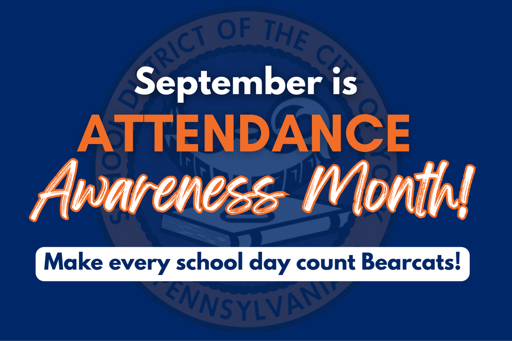 Attendance Awareness Month graphic encouraging Bearcats to make every school day count. The School District of the City of York's logo is faintly displayed in the background.