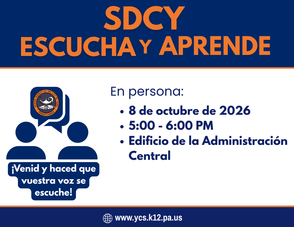 SDCY Listen and Learn meeting flyer with details for October 8, 2026, from 5–6 PM at the Central Administration Building.