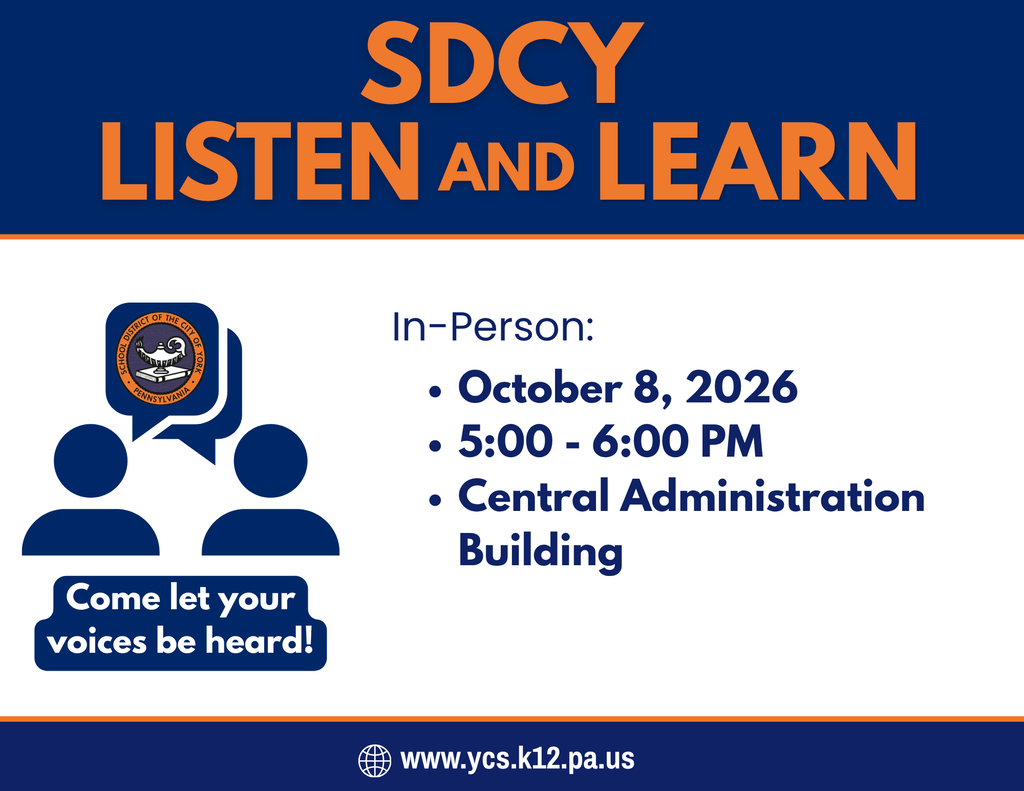 SDCY Listen and Learn meeting flyer with details for October 8, 2026, from 5–6 PM at the Central Administration Building.