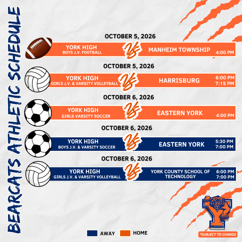 York High athletics schedule for October 5–October 10, 2026, featuring soccer, volleyball, and football games.