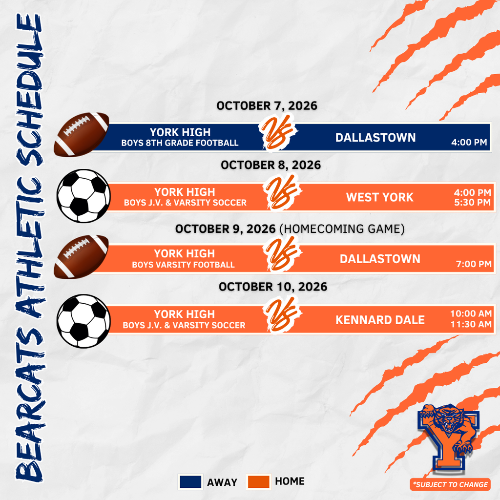 York High athletics schedule for October 5–October 10, 2026, featuring soccer, volleyball, and football games.
