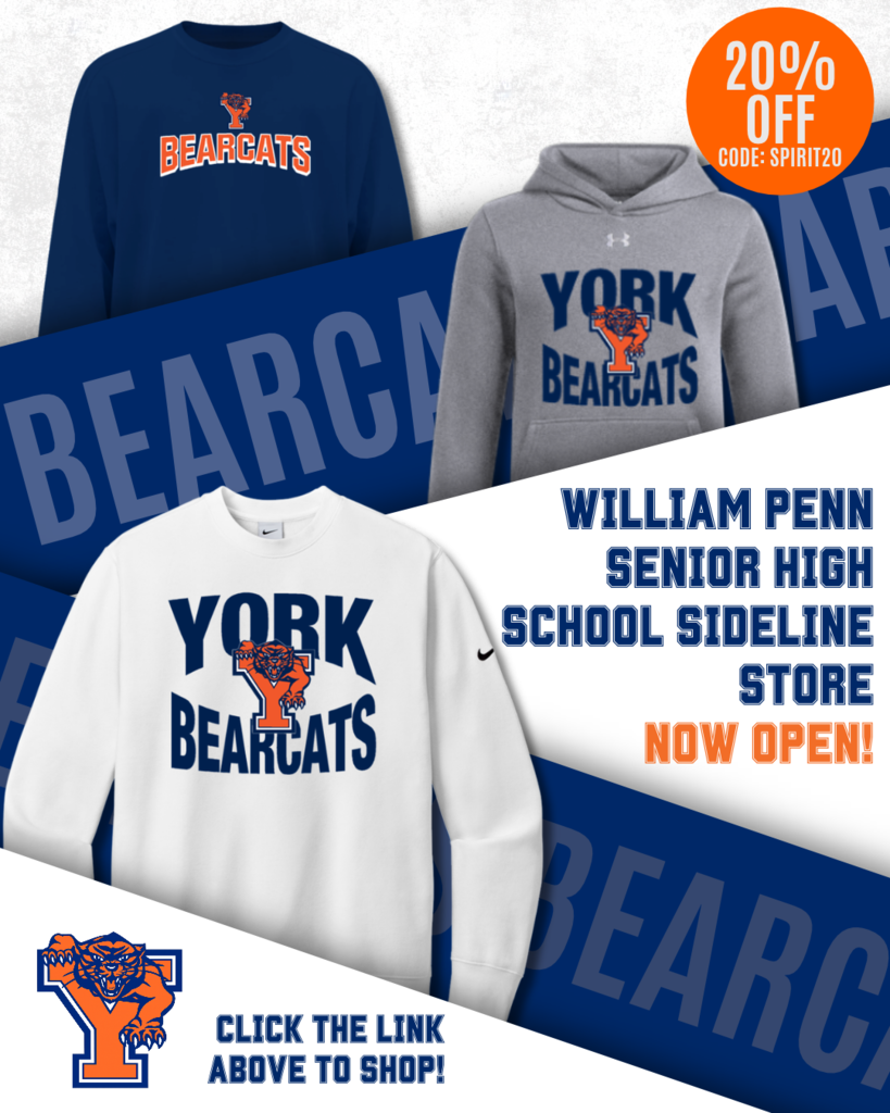 Promotional graphic for the William Penn Senior High School Sideline Store featuring Bearcats apparel, including blue, gray, and white sweatshirts and hoodies. Text highlights that the store is now open and includes a 20% off discount code: SPIRIT20.