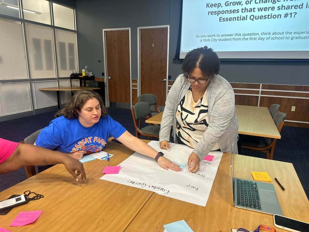 Three women are collaborating on a poster during a group workshop, organizing sticky notes and discussing responses to a projected question during a meeting.