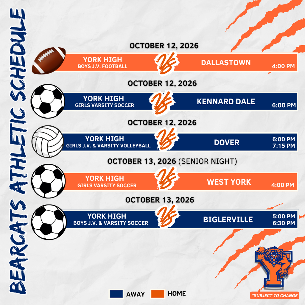 York High athletics schedule for October 12–October 16, 2026, featuring soccer, volleyball, and football games.