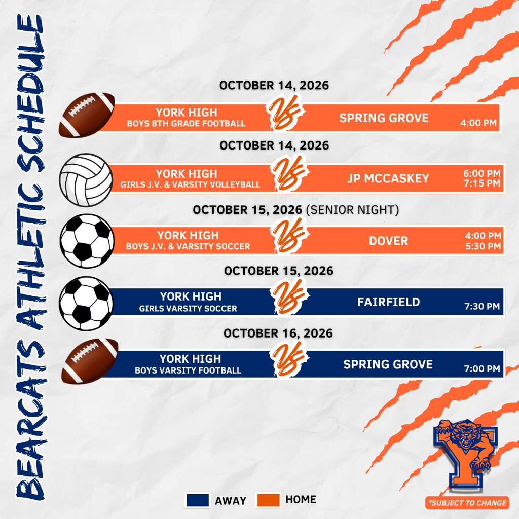 York High athletics schedule for October 12–October 16, 2026, featuring soccer, volleyball, and football games.