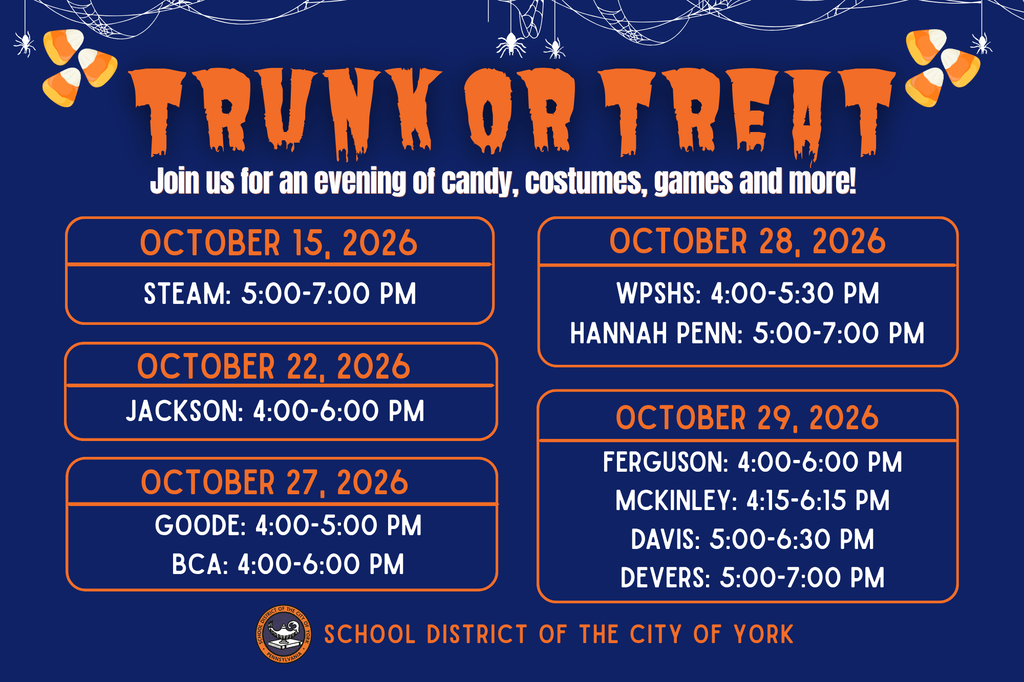 Trunk or Treat flyer listing October 2026 dates, times, and participating schools for The School District of the City of York.
