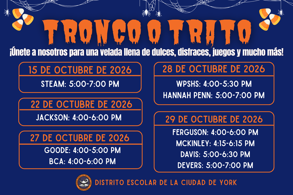 Trunk or Treat flyer listing October 2026 dates, times, and participating schools for The School District of the City of York.