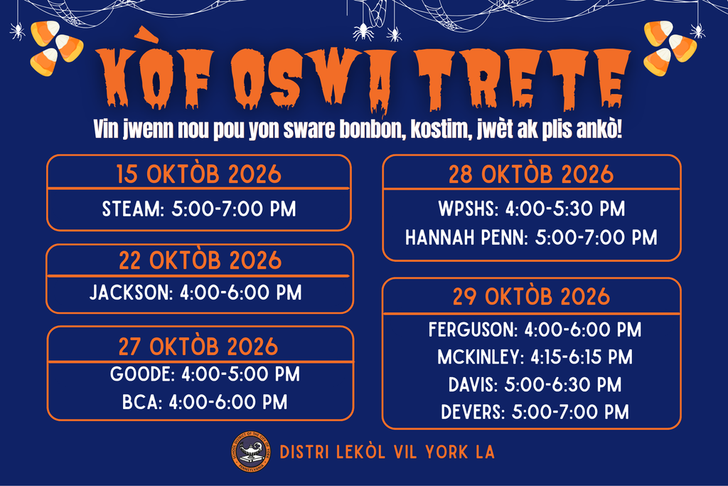 Trunk or Treat flyer listing October 2026 dates, times, and participating schools for The School District of the City of York.