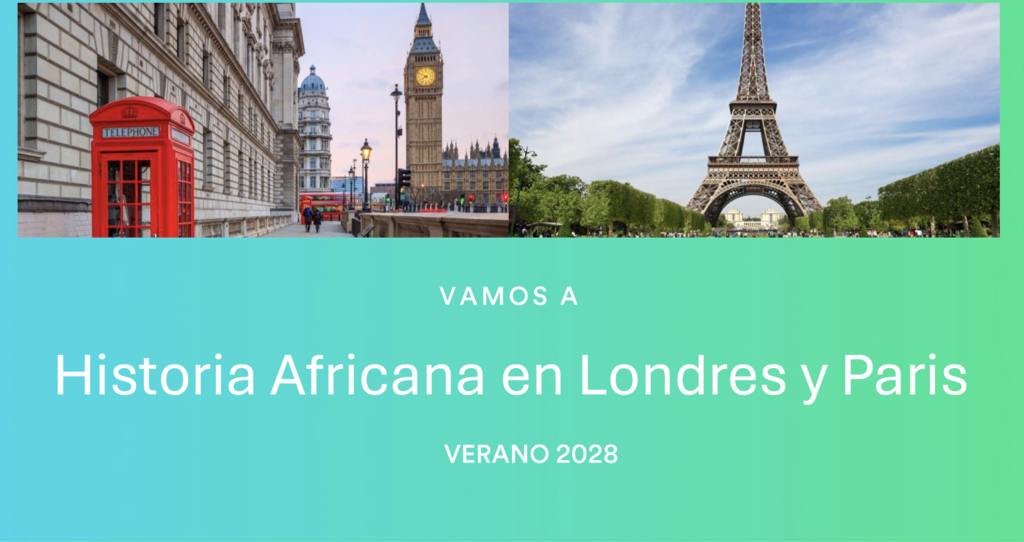 Flyer announcing a Black History trip to London and Paris in Summer 2028, featuring images of Big Ben and the Eiffel Tower.