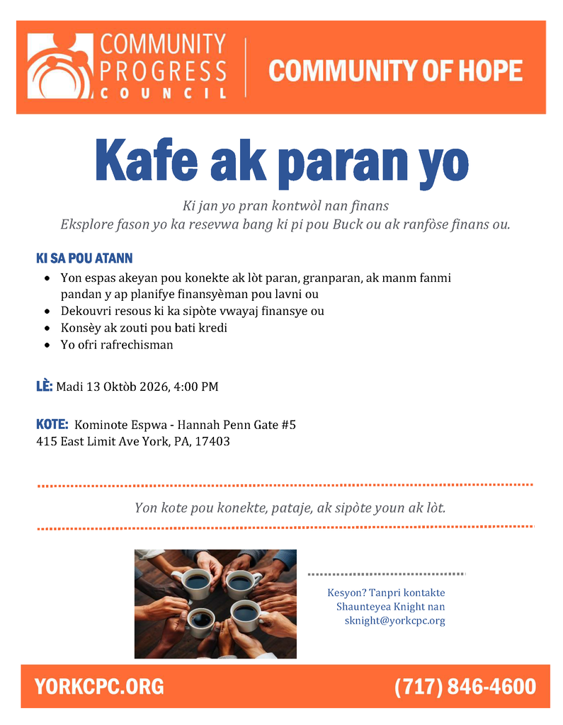 Flyer promoting “Coffee with Parents,” a financial wellness event on October 13, 2026, at Community of Hope at Hannah Penn PreK-8, featuring financial resources, credit-building tips, and refreshments.