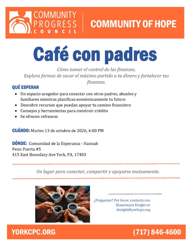 Flyer promoting “Coffee with Parents,” a financial wellness event on October 13, 2026, at Community of Hope at Hannah Penn PreK-8, featuring financial resources, credit-building tips, and refreshments.