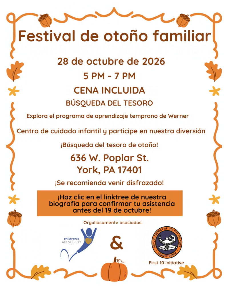 Flyer for Family Fall Fest on October 28, 2026, from 5–7 PM at Werner Early Learning Childcare Center, featuring dinner, a fall scavenger hunt, costumes, and RSVP instructions.