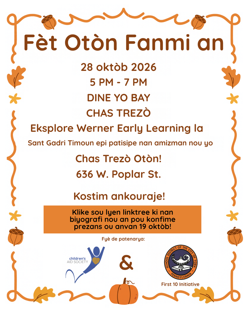 Flyer for Family Fall Fest on October 28, 2026, from 5–7 PM at Werner Early Learning Childcare Center, featuring dinner, a fall scavenger hunt, costumes, and RSVP instructions.