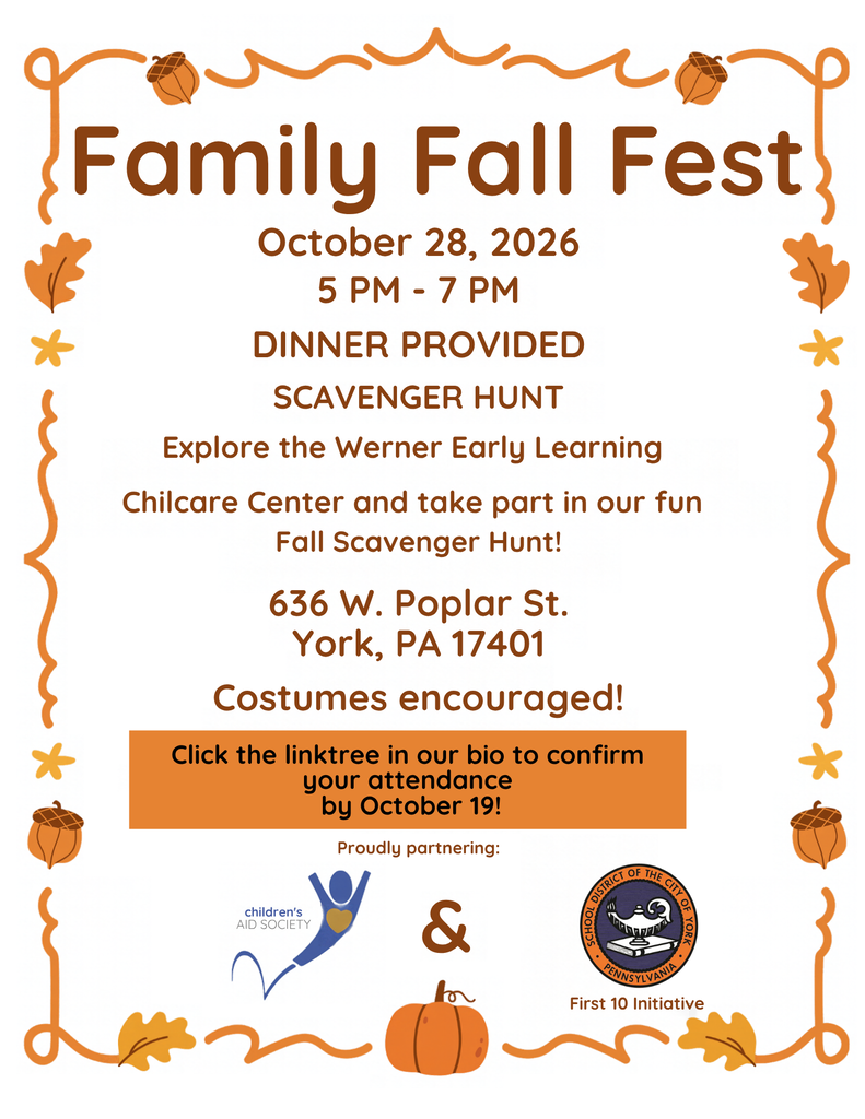 Flyer for Family Fall Fest on October 28, 2026, from 5–7 PM at Werner Early Learning Childcare Center, featuring dinner, a fall scavenger hunt, costumes, and RSVP instructions.