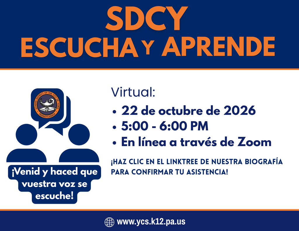 SDCY “Listen and Learn” virtual event graphic for October 22, 2026, from 5–6 PM via Zoom, inviting community members to share their voices.