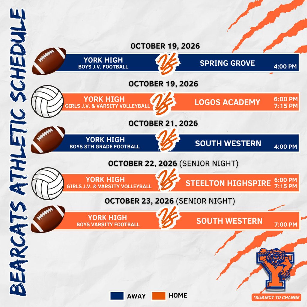 York High athletics schedule for October 19–October 23, 2026, featuring volleyball and football games.