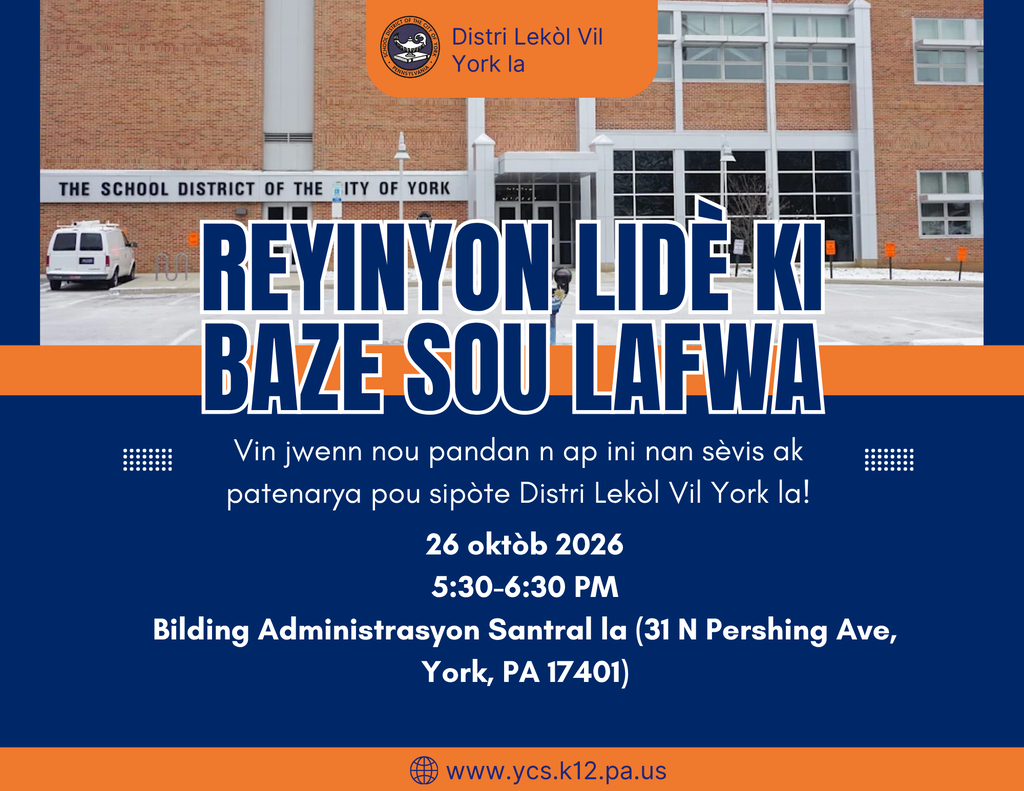 Flyer promoting the School District of the City of York's upcoming Faith-Based Leaders Meeting on October 26, 2026, from 5:30–6:30 PM at the district's Central Administration Building. A picture of the Administration Building is displayed in the graphic.