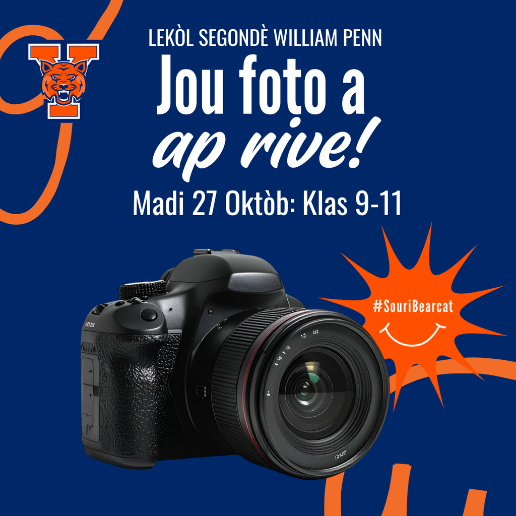 Graphic announcing William Penn Senior High School Picture Day on Tuesday, October 27, for grades 9–11, featuring a camera, school logo, and #BearcatSmile hashtag.
