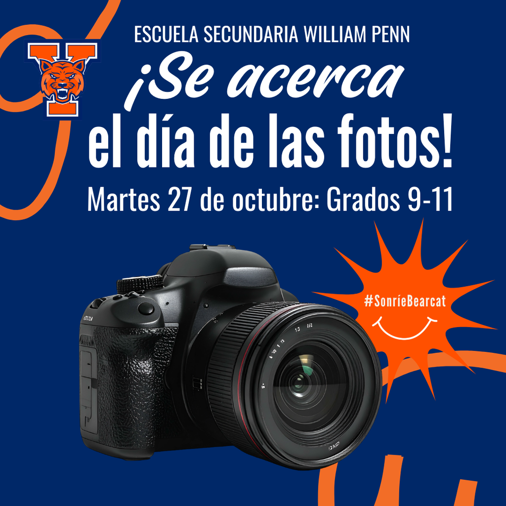Graphic announcing William Penn Senior High School Picture Day on Tuesday, October 27, for grades 9–11, featuring a camera, school logo, and #BearcatSmile hashtag.