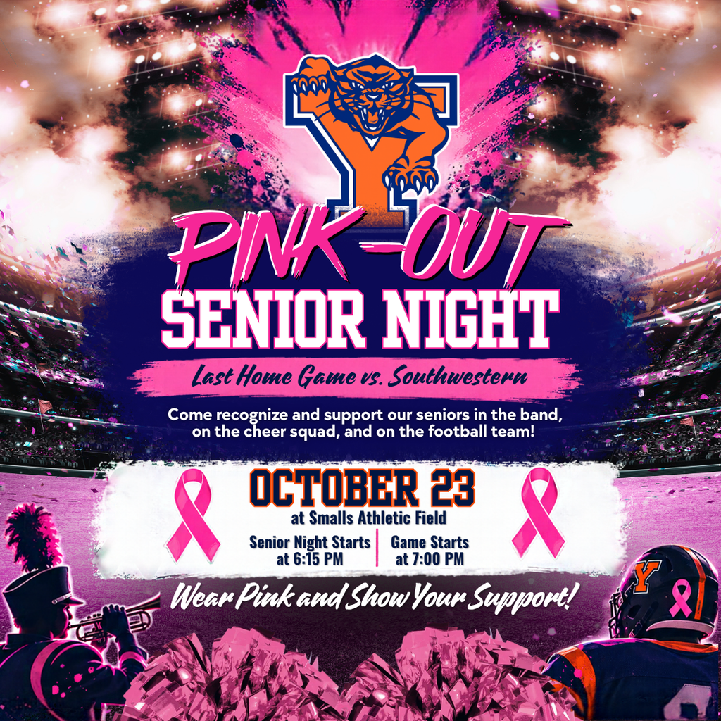 Pink Out Senior Night flyer for the York Bearcats’ final home football game against Southwestern on October 23 at Smalls Athletic Field.