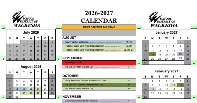 2026-2027 School Year Calendar | School District of Waukesha
