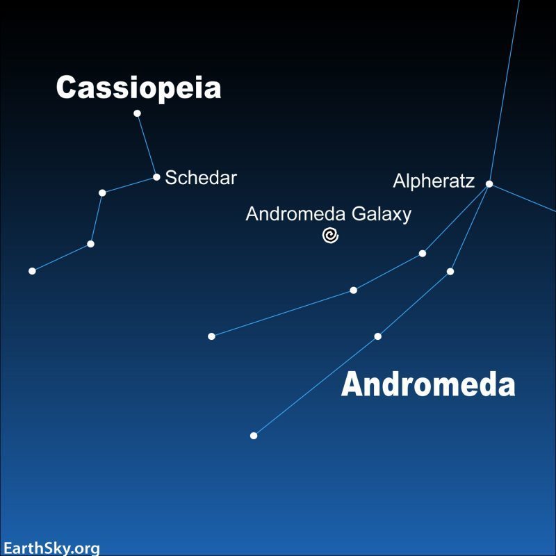 Catch Cassiopeia in the early evening! 👀 Also, scan the skies for the Andromeda Galaxy, a faint smudge between Cassiopeia and Andromeda. 🌠️ (Source: EarthSky.org)